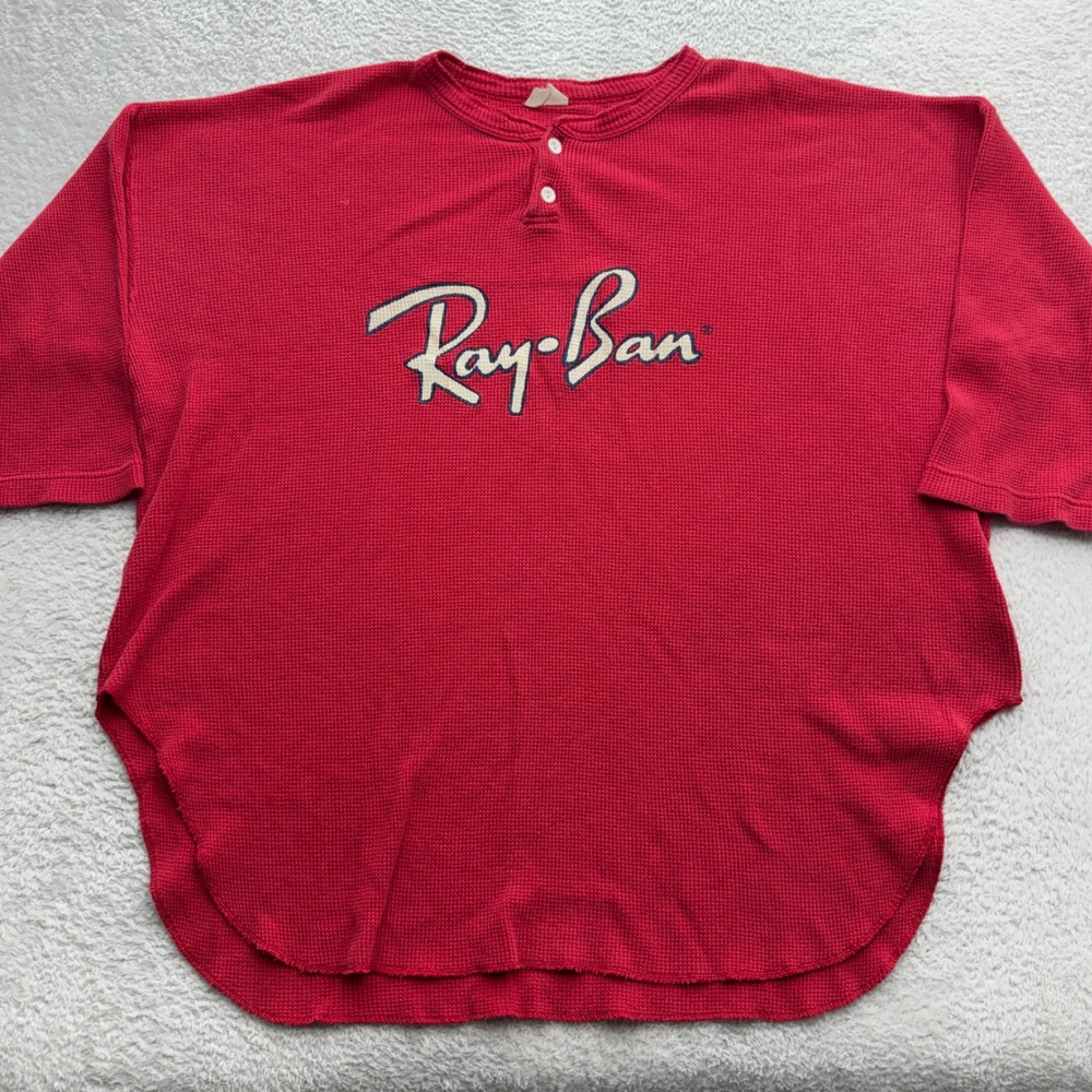 Vintage Ray-Ban Red Waffle Knit Thermal Henley Shirt Oversized 90s Logo Canada‎